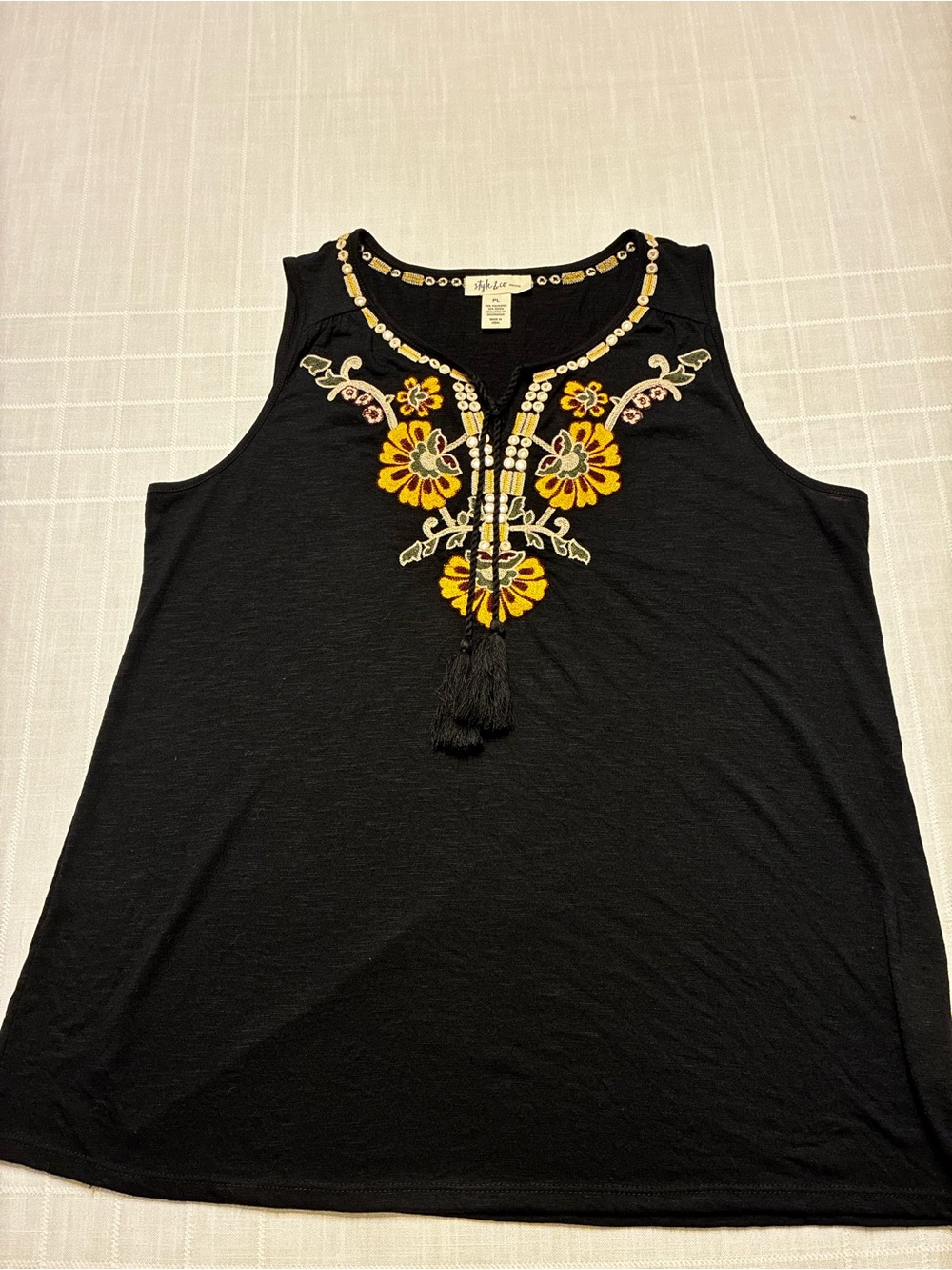 Style & Co. Black Tank with Yellow Floral Embroidery and Tassel